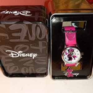 IOB Disney Minnie Mouse Pink Genuine Leather Charm Band Women's Watch